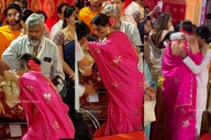 Kajol Slips in Pink Saree at Durga Puja